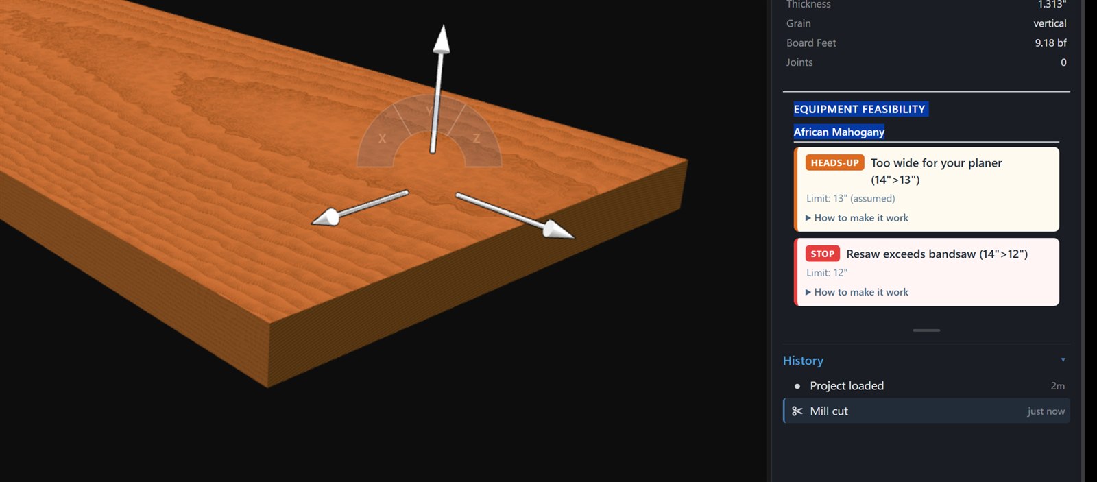 The Equipment Feasibility panel flagging cuts against the user's own saw, planer, and bandsaw limits
